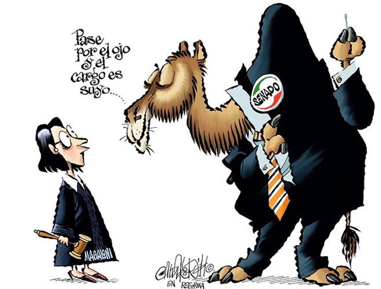 Caricatura Politica.- Ministra  pase x el Ojo de la Aguja!!